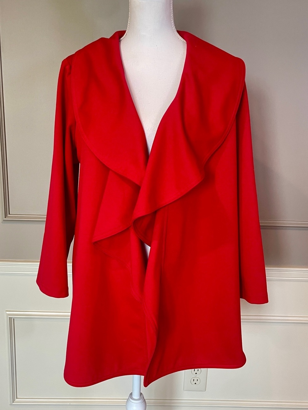 Calvin Klein Cardigan Jacket 14W Red Open Front Long Length Ruffle Bold